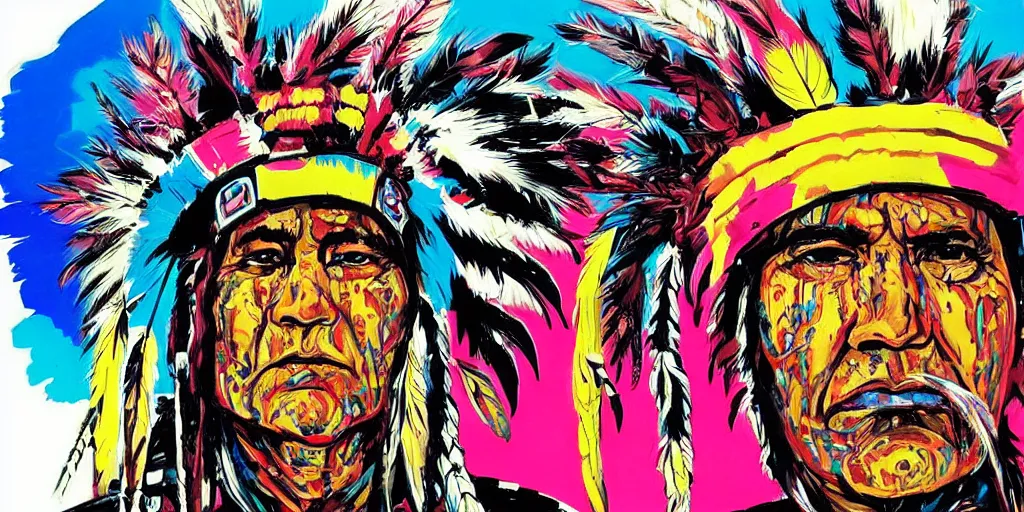 Prompt: of Native American Chief by P Jim Mahfood and Peter max