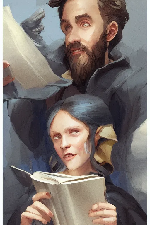 Image similar to concept art of fitzchevalry reading the book les antiseches du bonheur of jonathan lehmann, nighteyes is looking warmly over his shoulders, by aenaluck, artgerm and roberto ferri and greg rutkowski, blue and white tones, digital painting, artstation, concept art, smooth, sharp foccus ilustration hq