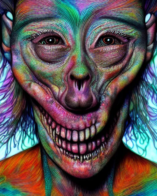 Image similar to realistic portrait of a creature experiment gone wrong, psychedelic, dark art, facing camera, photo realistic, detailed, 1 4 5 0, delicate, hyper realism, ultra realistic, 8 k