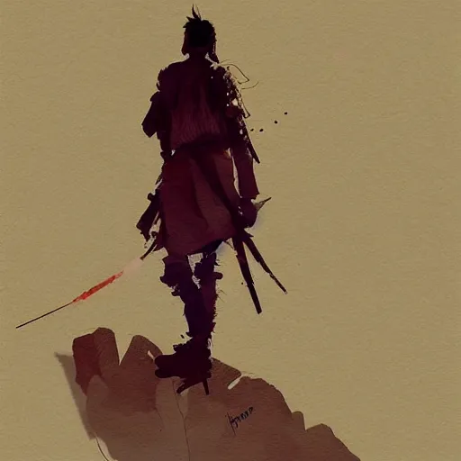 Image similar to painting of a lonesome warrior at the peak of himalayas, style of conrad roset