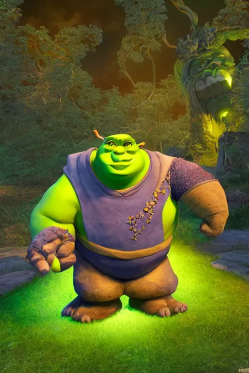 Prompt: arcane fantasy art giant shrek!!! elemental wood rock bastion forged gemstone enchanted forest troll, global illumination ray tracing hdr fanart arstation by sung choi and eric pfeiffer and gabriel garza and casper konefal lisa frank zbrush central hardmesh radiating a glowing aura