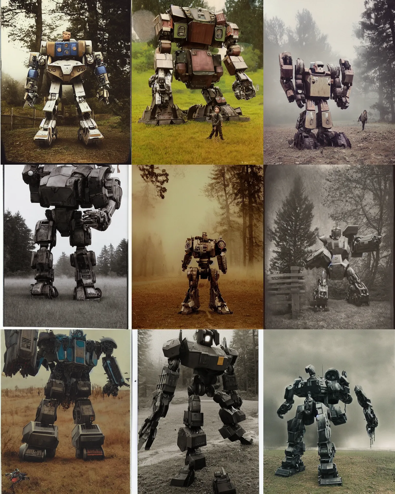 Prompt: giant oversized battle robot mech in battle pose is giant baby on a village, wooden fence and tree remains in far background, hero pose, Cinematic focus, Polaroid photo, vintage, neutral colors, soft lights, foggy, natural mysterous intricate detaild grainy photo, by Steve Hanks, by Serov Valentin, by lisa yuskavage, by Andrei Tarkovsky