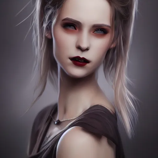 Image similar to a realistic head and shoulder professional portrait of a female vampire, painted, interesting color use, vampire fashion, highly detailed, melancholy, trending on cgsociety