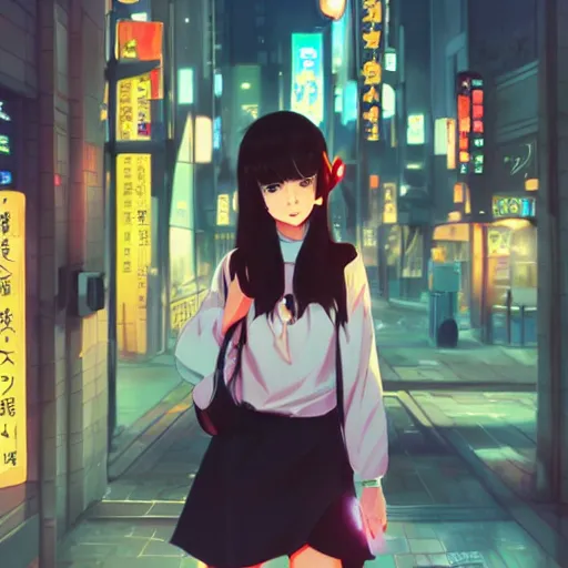 Prompt: a beautiful girl with dark hair facing camera, japanese style street background, ambient lighting, dynamic lighting, 4k, official media, anime key visual, makoto shinkai, ilya kuvshinov, rossdraws, detailed, trending on artstation