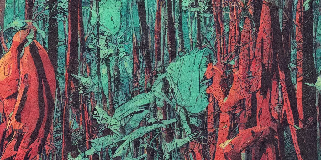 Prompt: a close - up grainy risograph, painting of a scene from hyper light drigter, dense forest, by moebius and kim jung gi and satoshi kon