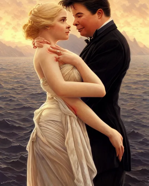 Prompt: Portrait of a  blonde lady and Michael mcintyre in the movie Titanic,real life skin, intricate, elegant, highly detailed, artstation, concept art, smooth, sharp focus, art by artgerm and greg rutkowski and alphonse mucha