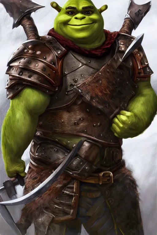 Image similar to A realistic anime portrait of Shrek, warrior, D&D, dual Axe wielding, full body plated armor, dungeons and dragons, tabletop role playing game, rpg, jrpg, digital painting, by Stanley Artgerm Lau, Frank frazzeta, WLOP and Rossdraws, digtial painting, trending on ArtStation, SFW version