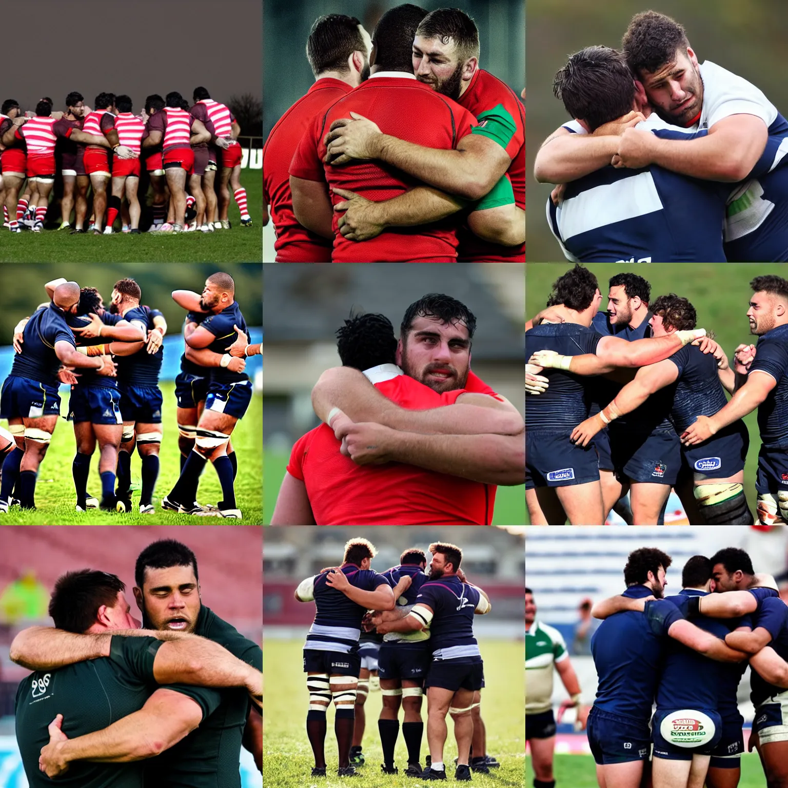 Prompt: rugbymen after a match hugging each other