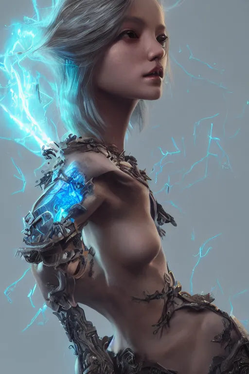 Image similar to beautiful girl necromancer, 3 d render, hyper - realistic detailed portrait, holding electricity, ruan jia, wlop. scifi, fantasy, hyper detailed, octane render, concept art,