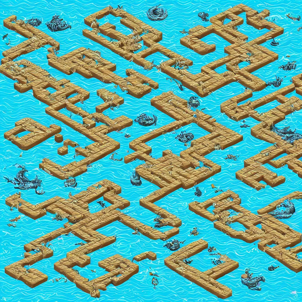 Image similar to wimmelbilder maze made ocean pirates attack kraken, isometric, very sharp, high contrast