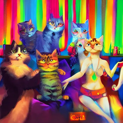 Prompt: cat partying in a club. digital art, expressive painting, trending on artstation.