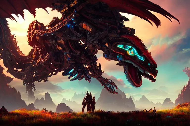 Image similar to dragon machine mecanical creature robot of horizon forbidden west horizon zero dawn bioluminiscence global illumination ray tracing hdr fanart arstation by ian pesty and alena aenami artworks in 4 k