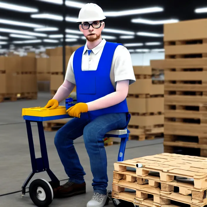 Prompt: hyperrealistic photo of a pale white walmart employee using a pallet jack, wearing a walmart vest, with square glasses, sitting, 8 k octane beautifully detailed render, post - processing, extremely hyperdetailed, trending on artstation