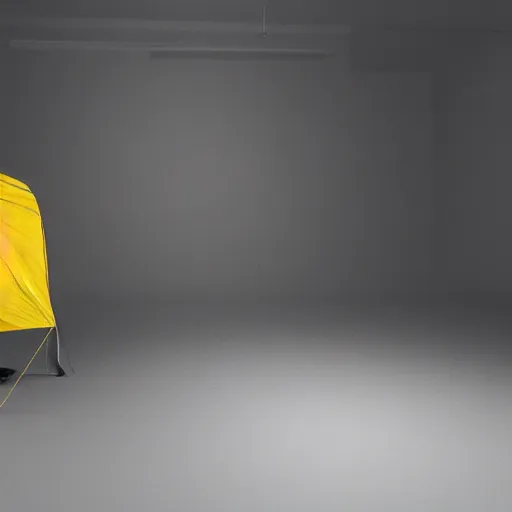 Image similar to photo studio with foggy background. yellow tent on floor. fisherman in balenciaga cloth, plastic bag and black mask. photorealistic high resolution, redshift render, 8 k