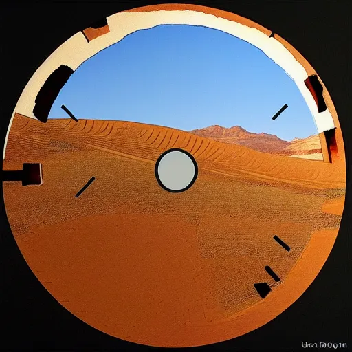 Prompt: A circular time portal in the desert through which an ancient desert is visible, painting