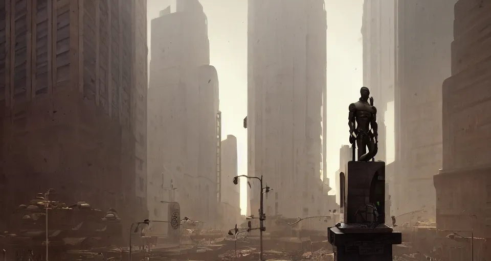 Prompt: cyborg bronze statue stands in the city center. art deco architecture. photorealism, soft light, morning. by greg rutkowski, frank lloyd wright, shaun tan. hyperrealism, dusty, moody, high detail, artstation, digital painting, unreal engine, tonal color scheme.