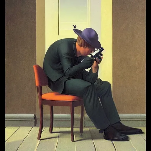 Image similar to a confused young-man weilds a gun by Raphael, Hopper, and Rene Magritte. detailed, romantic, enchanting, trending on artstation.