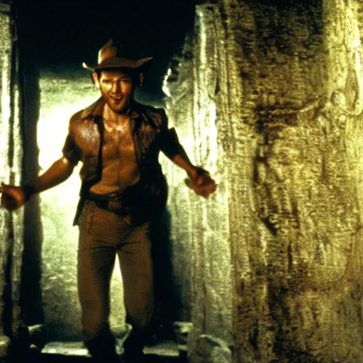 Prompt: film still of Joseph Gordon Levitt as Indiana Jones, walking through an Egyptian tomb in temple of doom film, 4k