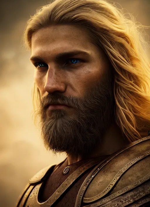 Image similar to portrait of a spartan hoplite hero, long blond hair and beard, perfect facial symmetry + dim volumetric lighting, 8k octane beautifully detailed render, post-processing, extremely hyperdetailed, intricate, epic composition, grim yet sparkling atmosphere, cinematic lighting + masterpiece, trending on artstation
