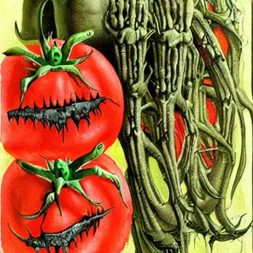 Image similar to attack of the killer's tomatoes. h r giger style