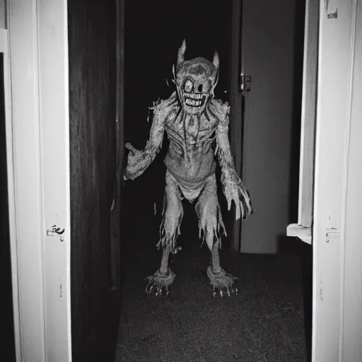 Image similar to grainy photo of a creepy monster in a closet lunging at the camera, harsh flash