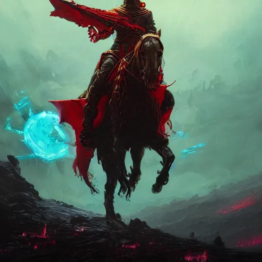 Prompt: futuristic matte concept art of the horseman of war in vibrant color by gustave dore, colors by and greg rutkowski and wlop, bold colors, detailed, cinematic, artstation, 4 k, intricate, rule of thirds