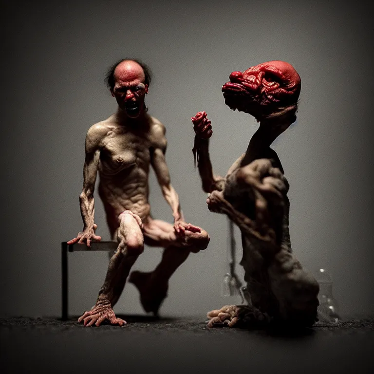 Image similar to laboratory miniature creature in pain and anger and revange by Christopher Soukup, David Fincher, Dan Witz, Gregory Crewdson, Huleeb, Lee Griggs, Mike Nash, Paul Chadeisson, Stephen Shore, sideshow collectibles, Terry Richardson, Vitaly Bulgarov