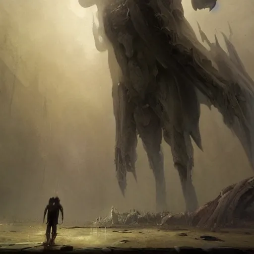 Prompt: a beautiful terrifying immense pale humanoid giant looms over a tiny human. ethereal horror fantasy art by greg rutkowski