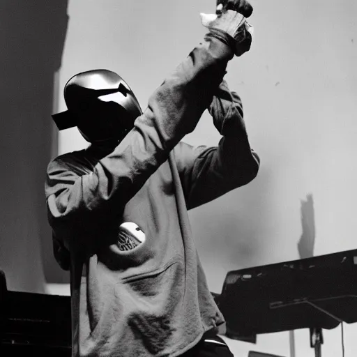 Image similar to mf doom, Victor Vaughn on stage performing curls from madvillany