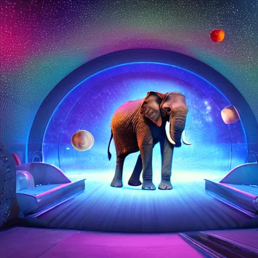 Image similar to a hyperrealistic 3D octane render of an elephant wearing an oculus rift and playing a keyboard inside of a dome planetarium with planets and galaxies, 8k, unreal engine, dramatic lighting, volumetric lighting, uplighting, ray tracing, photorealistic,