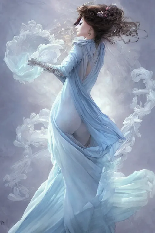 Image similar to beautiful!!! woman dressed in a vaporous wrapped large victorian pale blue roses silk semi-transparent dress fashion is running, fantasy, intricate, elegant, highly detailed, digital painting, trending on artstation, concept art, matte, sharp focus, illustration, art by Artgerm and Greg Rutkowski and Alphonse Mucha, instagram model