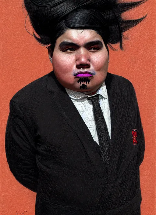 Prompt: portrait of a wide faced peruvian man with a crooked nose and a confident expression, 1 9 6 0 s, black clothes, goth, punk, brightly coloured hair, funk, intricate, elegant, highly detailed, digital painting, artstation, concept art, smooth, sharp focus, illustration, art by wlop, mars ravelo and greg rutkowski