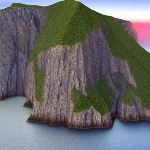 Prompt: concave islands surrounded by steep crystalline cliffs, high quality digital art