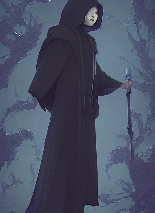 Image similar to kid wearing black cloak holding stick - 3 d vfx art - of the sun, art style by james jean & hsiao - ron cheng, character concept art, unreal engine render, digital illustration, sharp, intricate detail, volumetric light, ray tracing, soft light, symmetric, pinterest, artstation, behance,