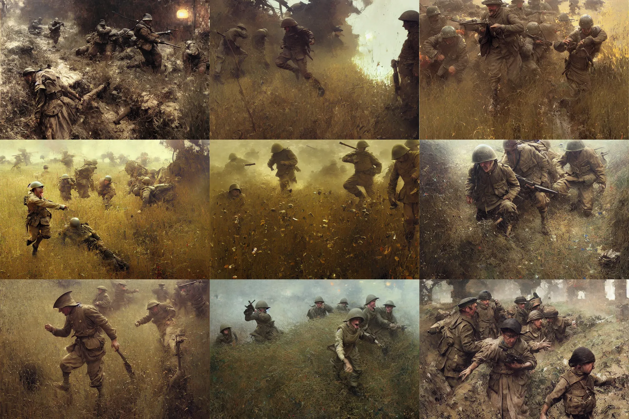 Prompt: laughing!!!!!!!!!!!!!!!!!!! and running!!! though the trenches in wwii by waterhouse, craig mullins, ruan jia, gustave klimt