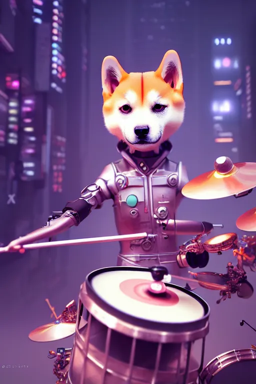 Image similar to high quality 3 d render very cute cyborg shiba inu plays drums, cyberpunk highly detailed, unreal engine cinematic smooth, in the style of blade runner & pixar, hannah yata charlie immer, moody light, low angle, uhd 8 k, sharp focus