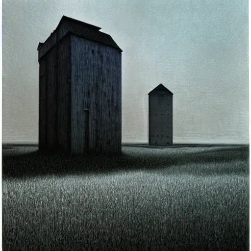 Prompt: Grain Elevator. Vacant. Eerie. Unsettling. Zdzisaw Beksinski