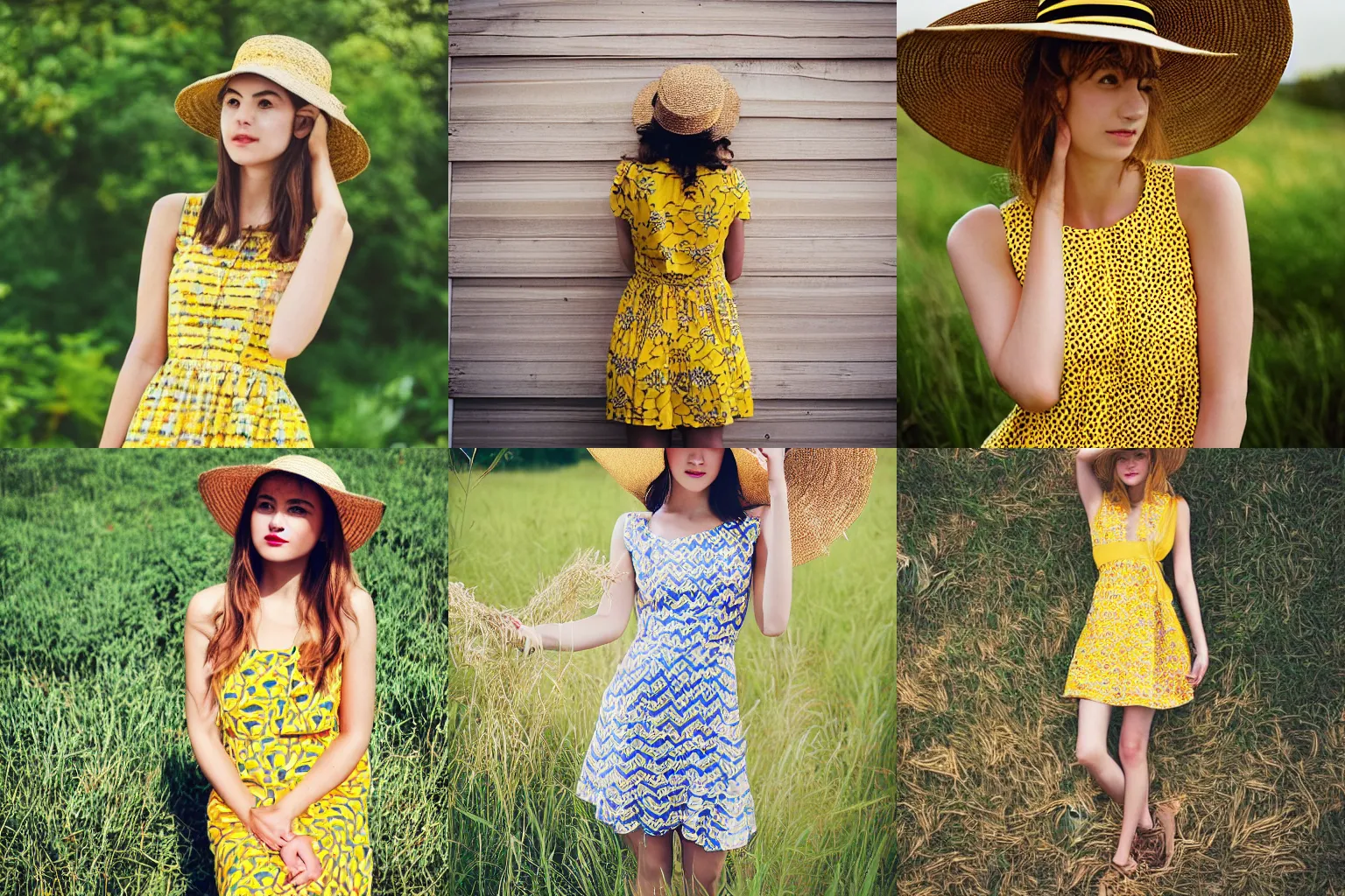 Prompt: “a young attractive woman wearing a beautiful yellow patterned sundress and straw hat, fashion photography”