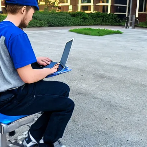 Prompt: back of short college guy with short blonde hair wearing a blue baseball cap and grey shirt sitting in a chair typing an essay on a laptop