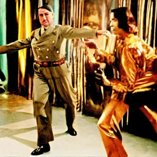 Image similar to A movie still of Hitler wearing a disco suit in Satuday Night Fever