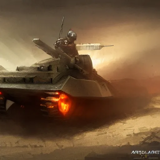 Image similar to powered armor with a shoulder cannon in the style of WW1 tanks/WW2 tanks Trending on artstation DeviantArt Pinterest Photorealistic HD 8k highlights and shadow detailed High Resolution