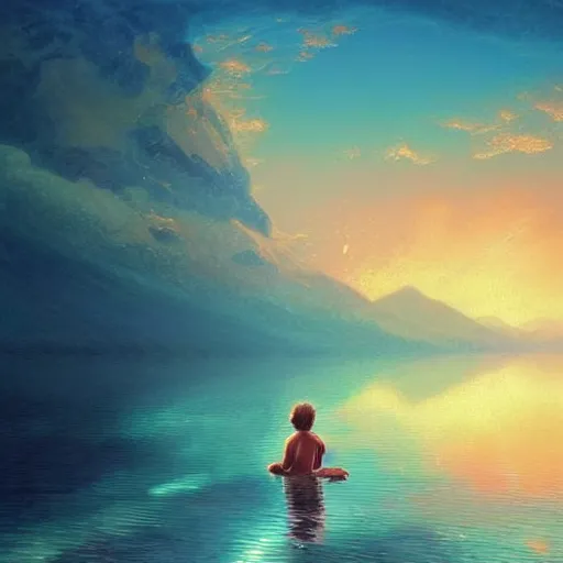 Prompt: a boy swims in a warm, endless lake, a huge fish, 8K, Ultra Realistic, vast surreal landscape and horizon by Asher Durand and Cyril Rolando and Thomas Kinkade, rich pastel color palette, masterpiece!!, grand!, imaginative!!!, epic scale, intricate details, sense of awe, elite, fantasy realism, complex composition, 4k post processing