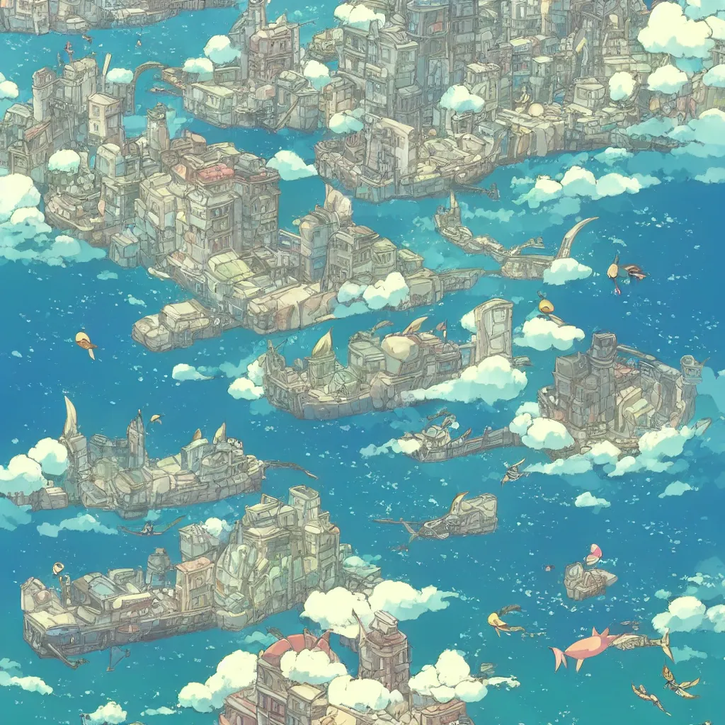 Image similar to a beautiful movie still in the style of Studio Ghibli anime showing fish flying through a city. Studio Ghibli, trending on artstation