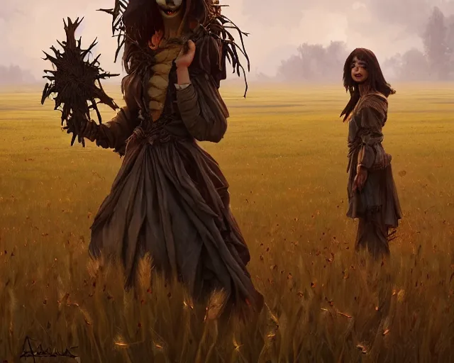 Image similar to field of scarecrows horror scene scary, deep focus, d & d, fantasy, intricate, elegant, highly detailed, digital painting, artstation, concept art, matte, sharp focus, illustration, hearthstone, art by artgerm and greg rutkowski and alphonse mucha