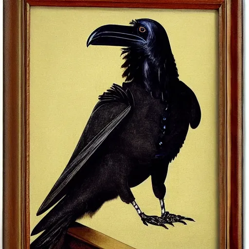 Image similar to a highly detailed painting of a raven dressed as an elegant tudor gentleman, in a richly appointed medieval room, by hans holbein