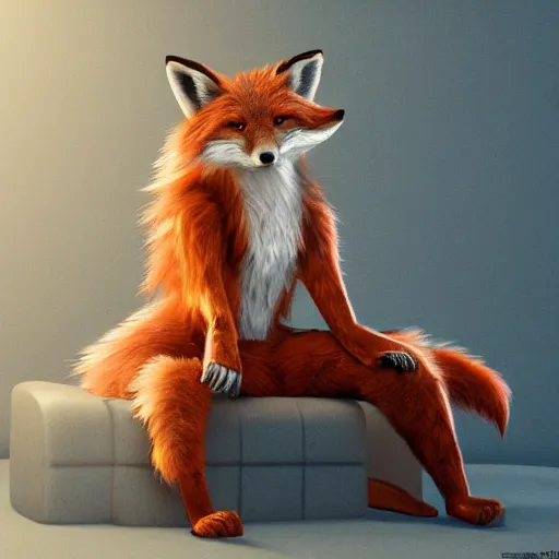 Image similar to an anthropomorphic fox wearing a t-shirt and jeans sitting on a couch, 8k resolution matte fantasy painting, cinematic lighting, DeviantArt, Artstation, furry, anthro, anthropomorphic