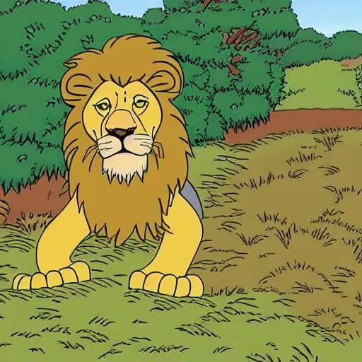 Prompt: Lion in the bush, simpsons style