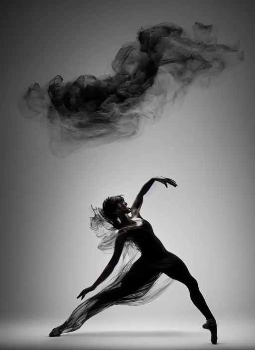 Image similar to a Photorealistic dramatic hyperrealistic render of a glamorous beautiful Female smoke dancer by Ken Brower and Deborah Ory of NYC Dance project,Lois Greenfield,Flowing cloth and smoke,Beautiful dynamic dramatic dark moody lighting,volumetric,shadows,cinematic atmosphere,Octane render,8K