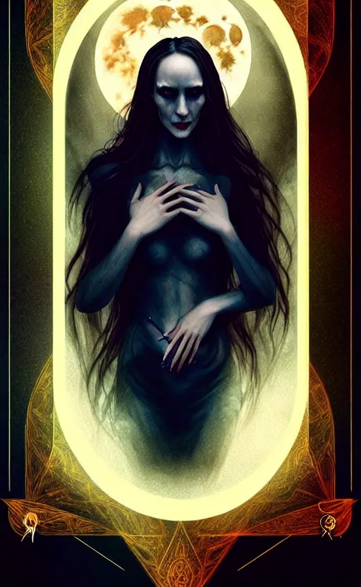 Image similar to epic professional digital tarot card of 🧛🏼🌛, ambient lighting, painted, gorgeous, stunning, symmetrical, impressive, leesha hannigan, van herpen, best on artstation, cgsociety, wlop, pixiv, stunning, gorgeous, much wow, cinematic, masterpiece