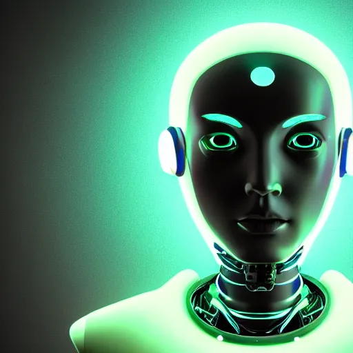 Image similar to a highly detailed, high definition, head to shoulder portrait of a female cybernetic humanoid friendly robot facing the camera, futuristic neon lit background, studio lighting